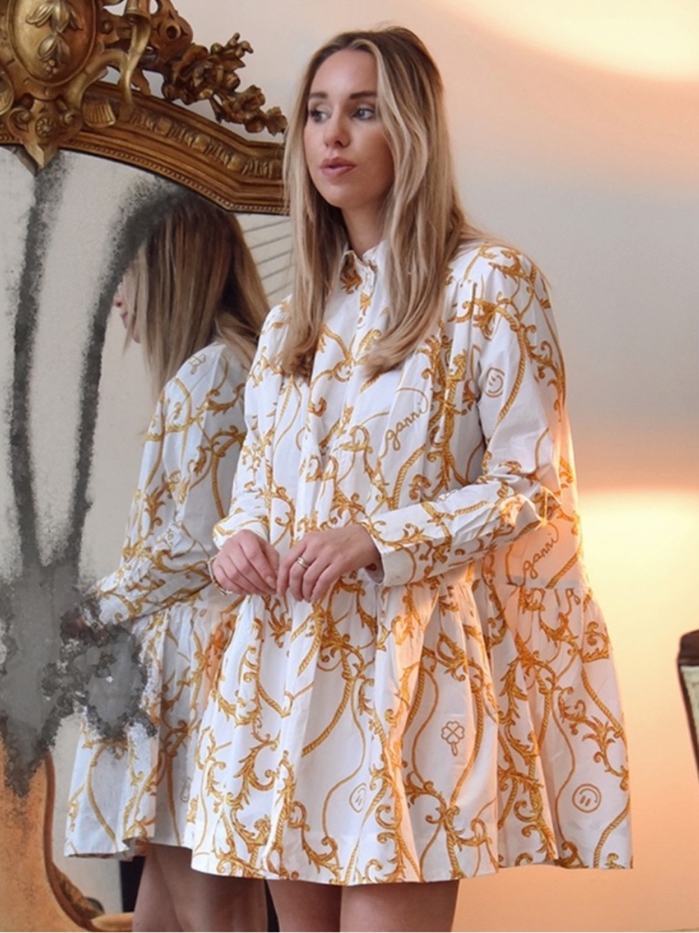 GANNI Printed Cotton Poplin Gathered Panel Wide Mini Shirt Dress in Egret